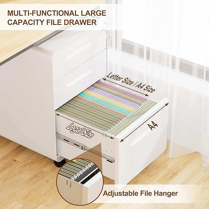3 Drawer File Cabinet with Lock and 4 Keys, Mobile Metal Filing Cabinet - Image 6
