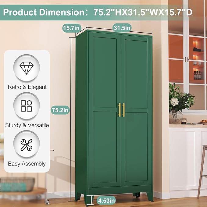 Metal Pantry Cabinet with 2 Doors and 5 Adjustable Shelves, Versatile Storage - Image 2