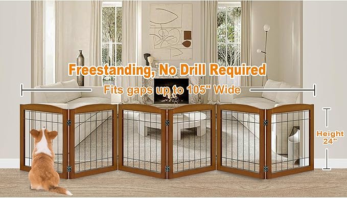 LZRS 6-Panel Extra Wide Wooden Freestanding Dog Gate: Foldable Solid Wood and - Image 2