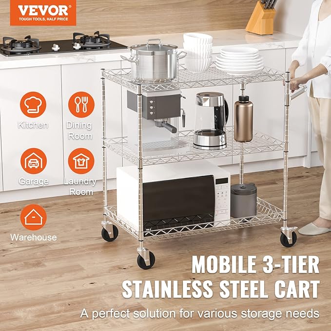 VEVOR Kitchen Utility Cart, 3 Tiers, Wire Rolling Table - Image 2