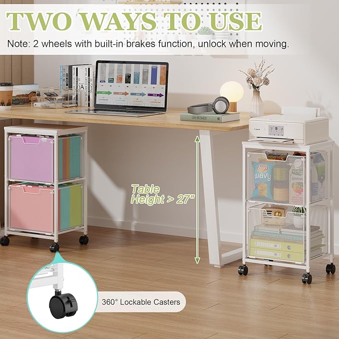 Rolling File Cart with 2 Storage Drawers, Under Desk Storage Cart, Hanging File - Image 2