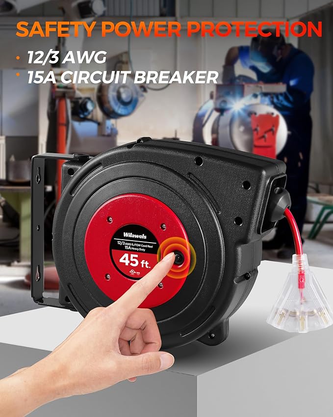 Retractable Extension Cord Reel, 45 FT Heavy Duty Power Cord, 12AWG/3C SJTOW - Image 2