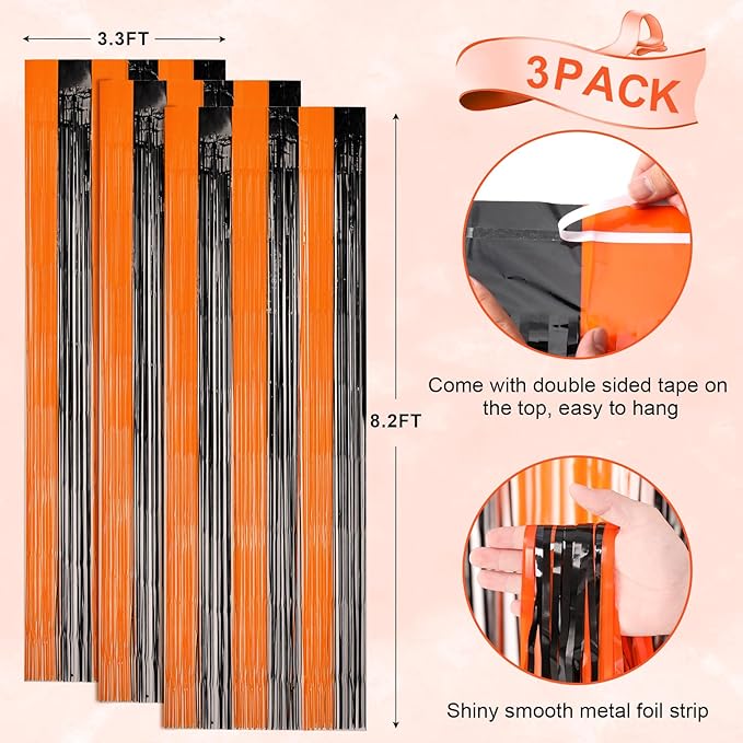 3 Pack 3.3x8.2 Feet Black and Orange Foil Fringe Backdrop Curtains, Tinsel - Image 3