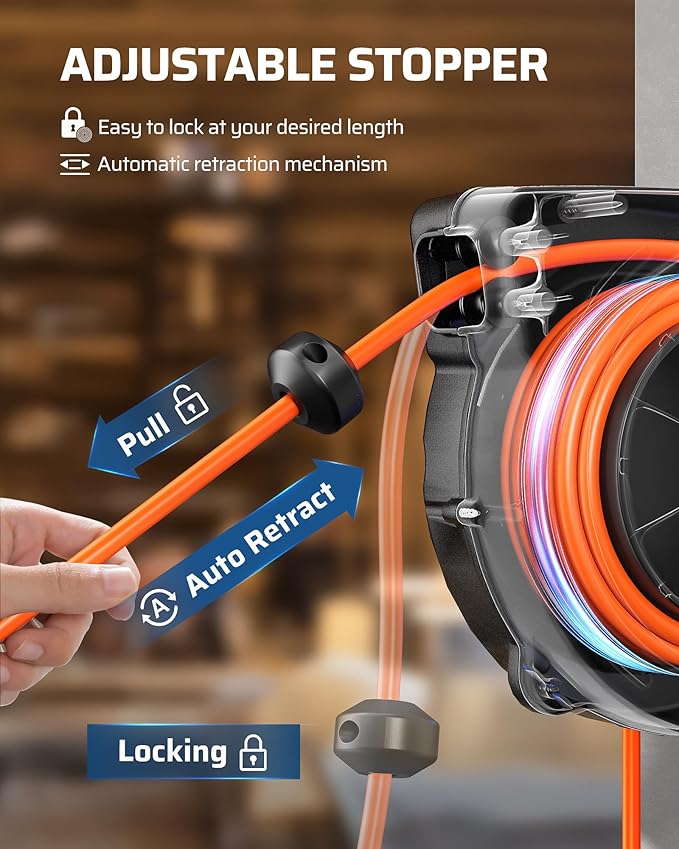 DEWENWILS 30FT Retractable Extension Cord Reel, 16/3C SJTW Heavy Duty Power Cord - Image 3