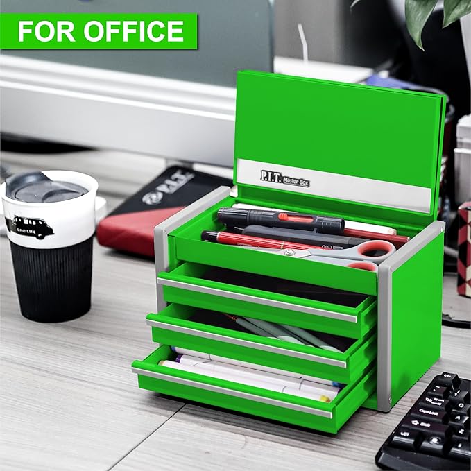 P.I.T. Mini Green Tool Box, Portable 3 Drawer Steel Stackable Tool Box - Image 4