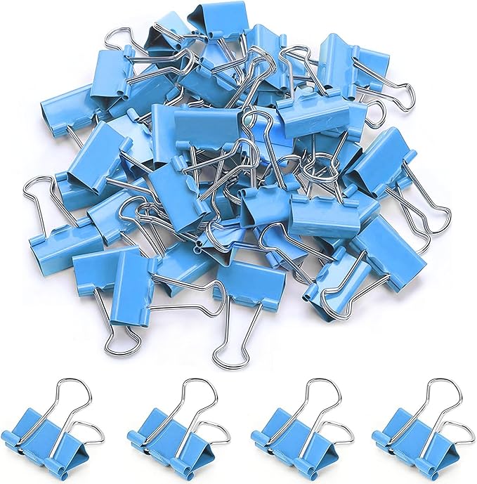 50 Pack Medium Blue Binder Clips 1 Inch, Colored Paper Clamps, Middle Size by Qikaara