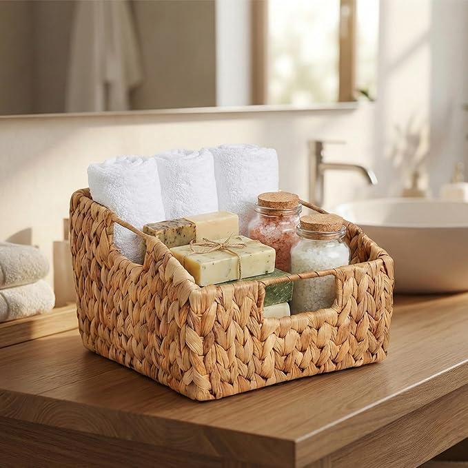 Wicker Pantry Basket Set of 2 – Handwoven Water Hyacinth Wicker Storage Baskets - Image 7