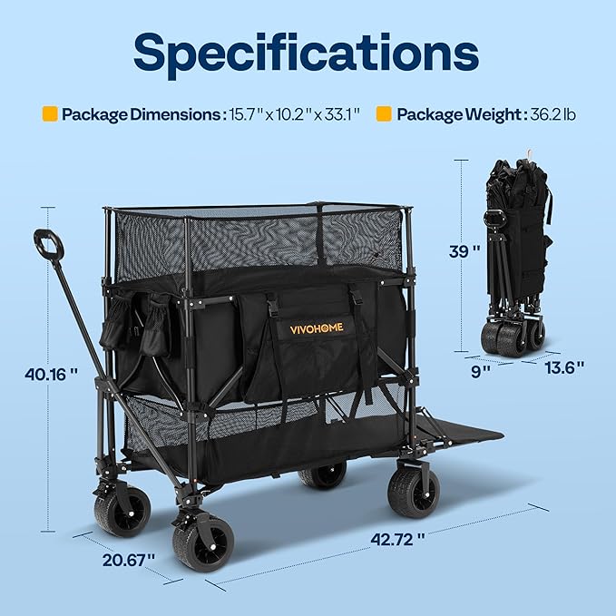 VIVOHOME 500L Large Capacity Double Decker Collapsible Wagon 500lbs Heavy Duty - Image 7
