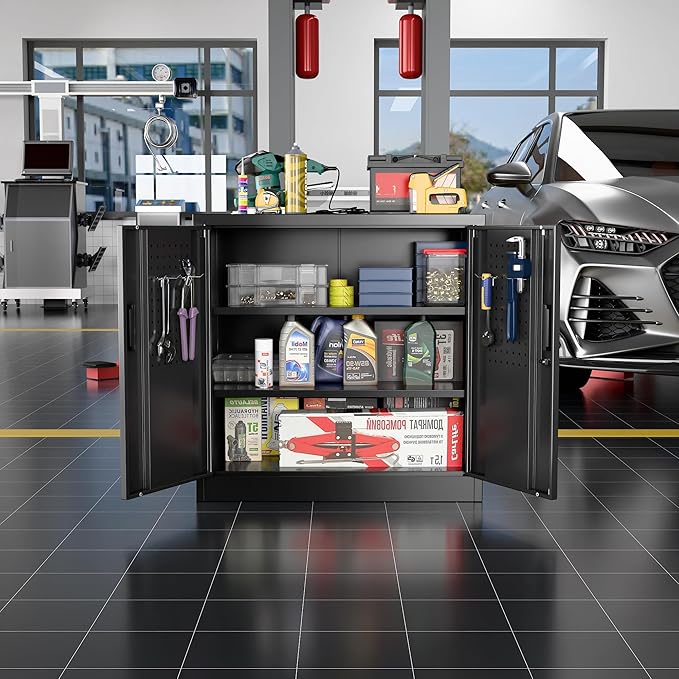 Metal Storage Cabinet with Lock, Lockable Metal Garage Cabinet with Pegboards - Image 9