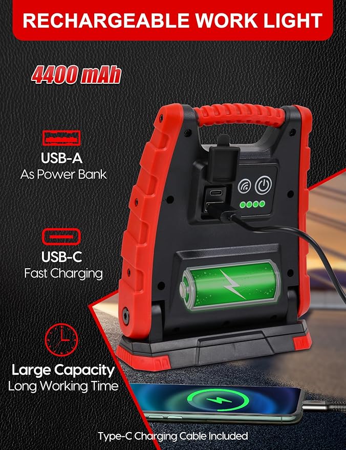 Adiding 4400mAh Rechargeable LED Work Light, Portable Flood Light Underhood - Image 6