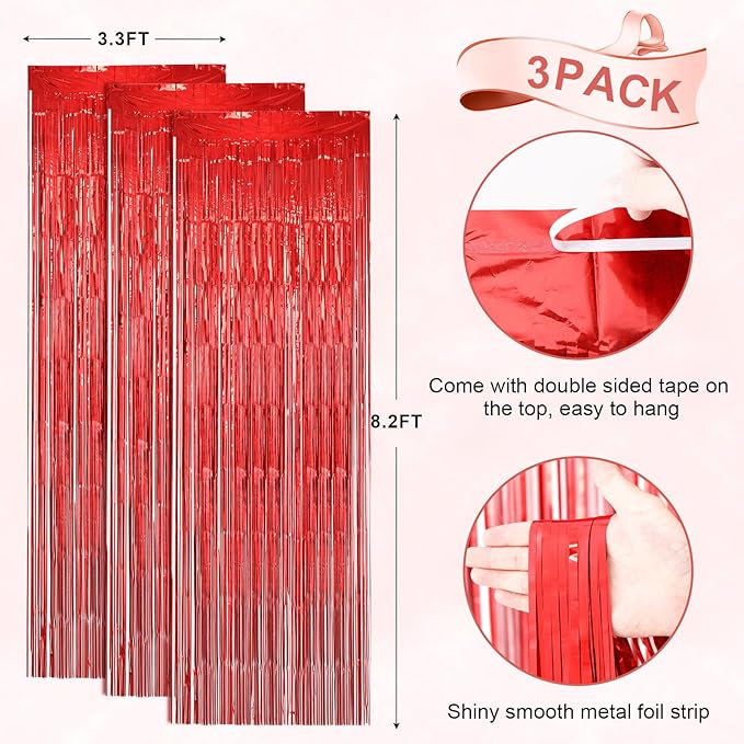 3 Pack 3.3 x 8.2 ft Laser Red Foil Fringe Backdrop Curtains, Tinsel Streamers - Image 4