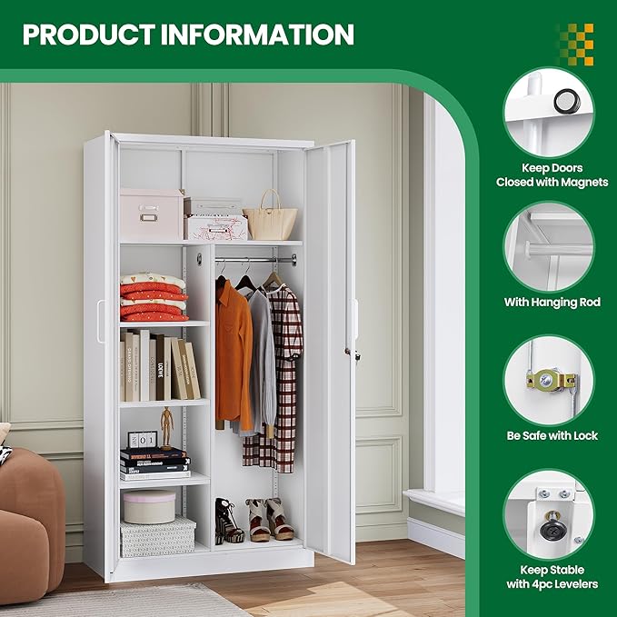Broom Closet with Lock, Metal Storage Cabinet 36" Wide, 5-Tier Steel Utility - Image 5