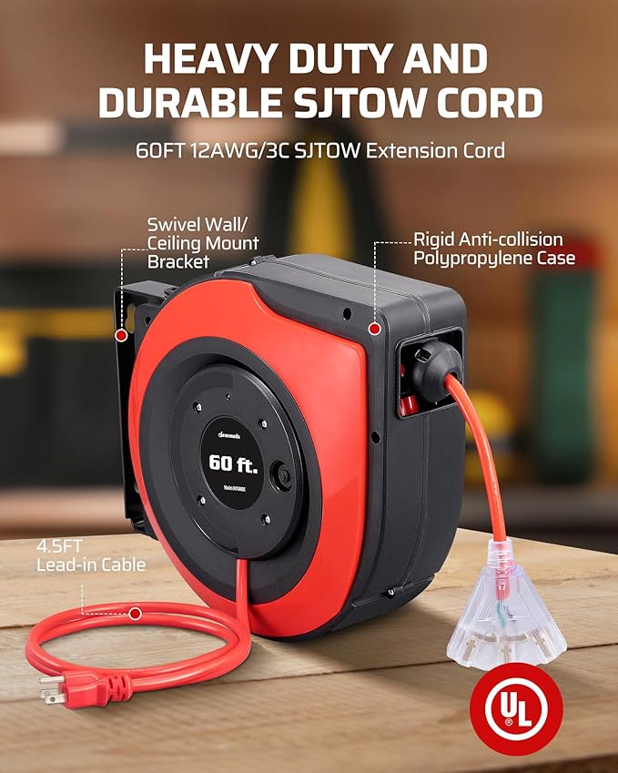 DEWENWILS Retractable Cord Reel, 60FT Heavy Duty Extension Cord, 12AWG/3C SJTOW - Image 3