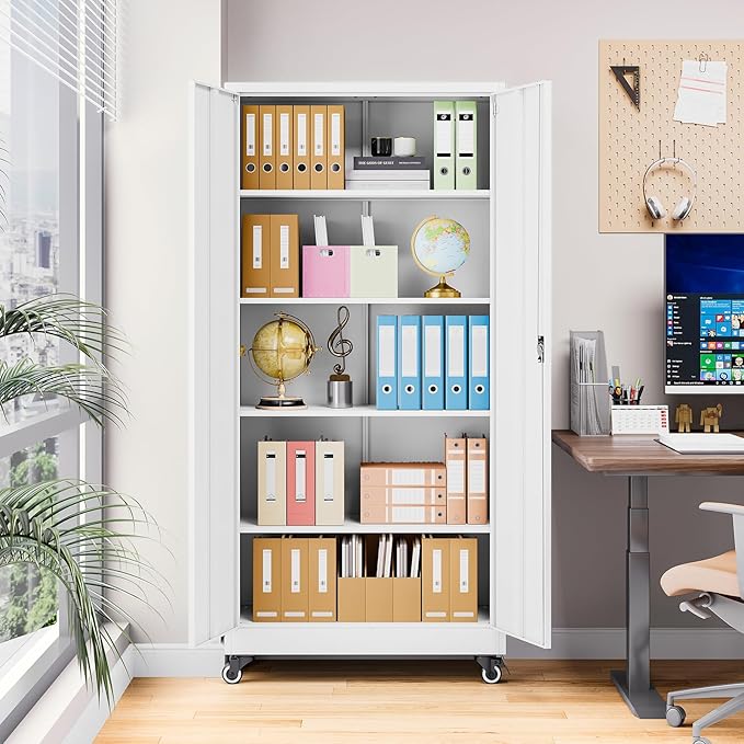 Metal Storage Cabinet with Wheels, Tall Garage Storage Cabinet with 4 - Image 7