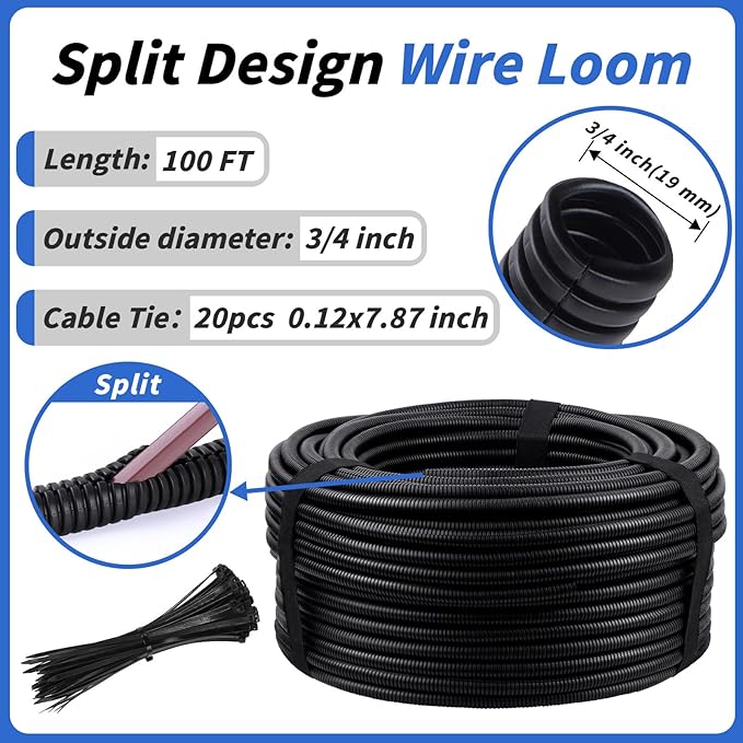 100FT Split Wire Loom Tubing, 3/4 Inch Wire Protector Tubing, Automotive Wire - Image 2