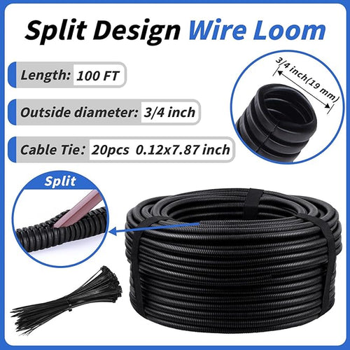 100FT Split Wire Loom Tubing, 3/4 Inch Wire Protector Tubing, Automotive Wire - Image 2