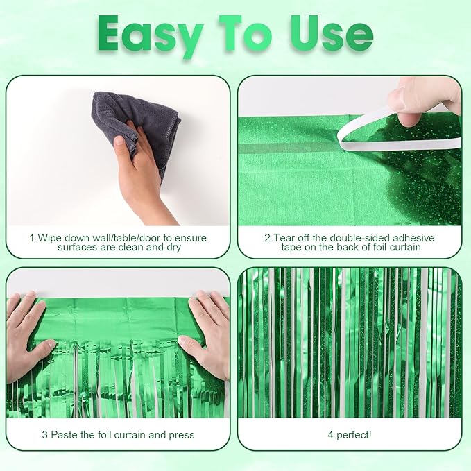3 Pack 3.3 x 8.2 ft Laser Green Foil Fringe Backdrop Curtains, Tinsel Streamers - Image 5