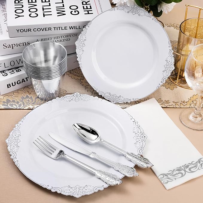 350PCS Silver Plastic Plates for 50 Guests, Disposable Dinnerware Set Includes - Image 5