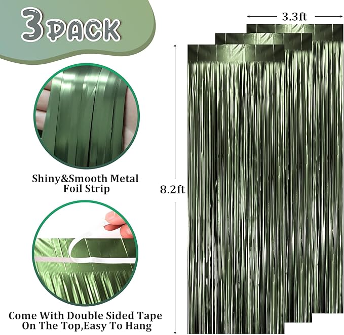 3 Pack 3.3 x 8.2 ft Matte Green Foil Fringe Backdrop Curtains, Tinsel Streamers - Image 2