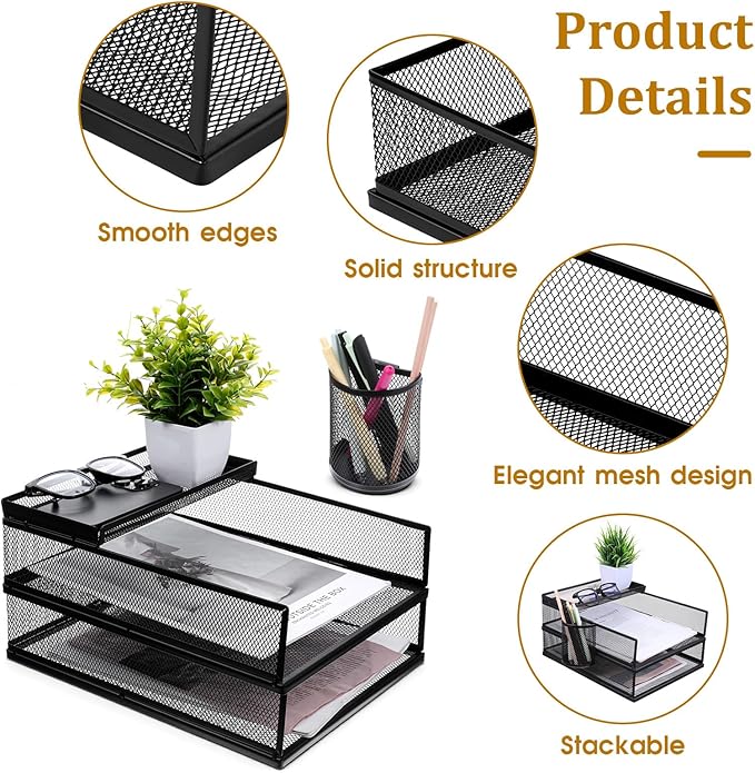 Black Metal Letter Tray Set, Front Load File Paper Holder - Image 3