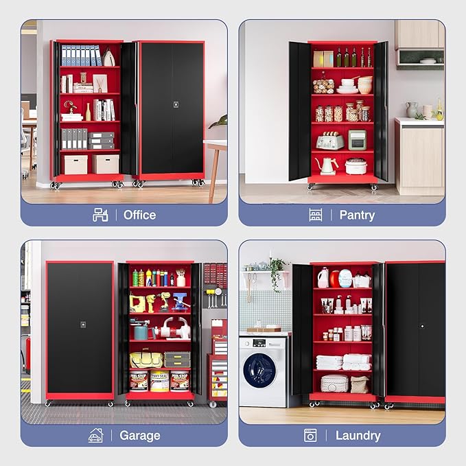 Metal Storage Cabinet with Wheels, Tall Garage Storage Cabinet with 4 - Image 5