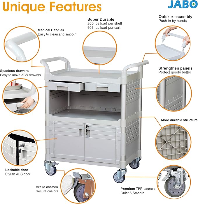 JaboEquip, Larger 3 Shelf Heavy Duty Lockable Hospital cart Medical cart - Image 2