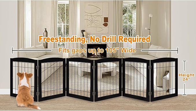 LZRS 6-Panel Extra Wide Wooden Freestanding Dog Gate: Foldable Solid Wood and - Image 2