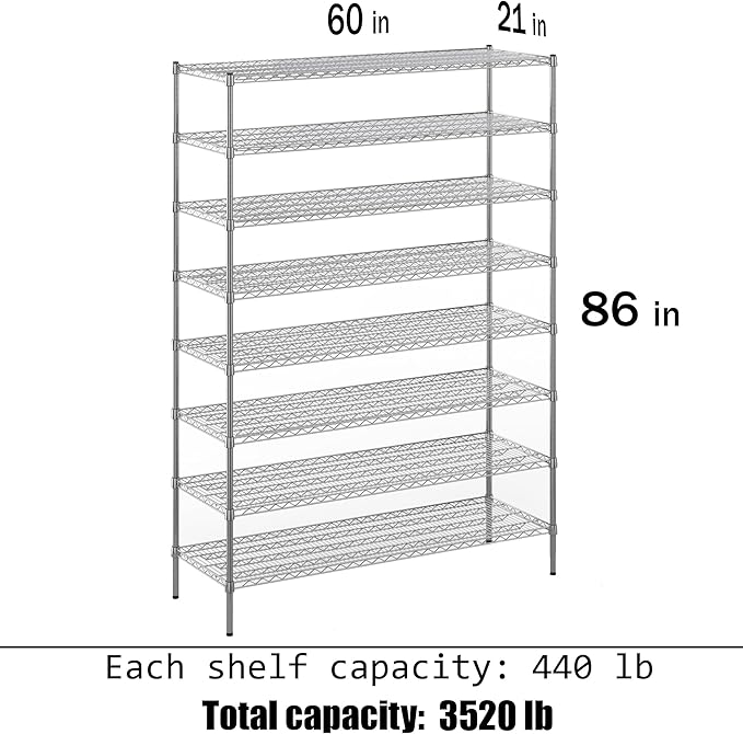21" Deep x 60" Wide x 86" Height Wire Shelving Kit | 8-Tier | NSF Commercial - Image 3