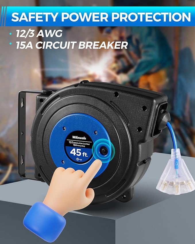 Retractable Extension Cord Reel, 45 FT Heavy Duty Power Cord, 12AWG/3C SJTOW - Image 2