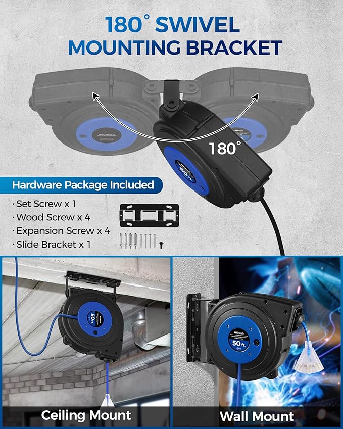 Retractable Extension Cord Reel, 50 FT Heavy Duty Power Cord, 14AWG/3C SJTOW - Image 3