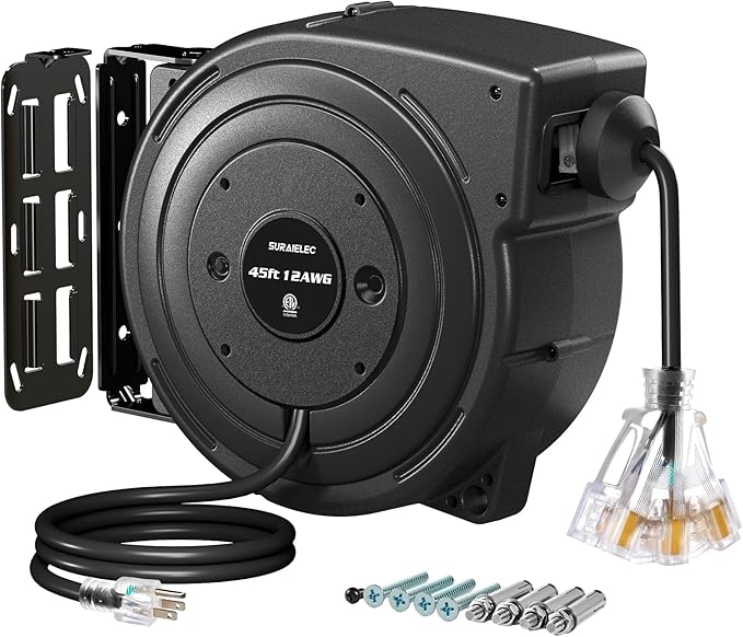 SURAIELEC 12 Gauge Extension Cord Reel, 45 FT Retractable Extension Cord by SURAIELEC