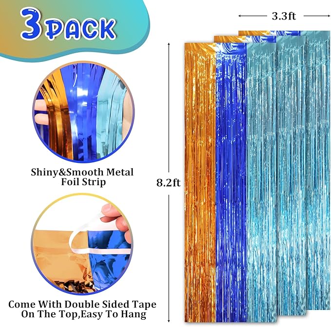 3 Pack 3.3 x 8.2 ft Blue Orange Foil Fringe Backdrop Curtains, Tinsel Streamers - Image 2