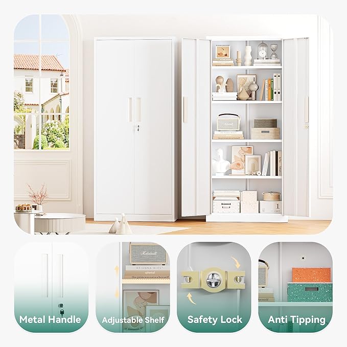 Greenvelly 63" H Metal Storage Cabinet White, Locking Metal Cabinet, Store Tools - Image 4