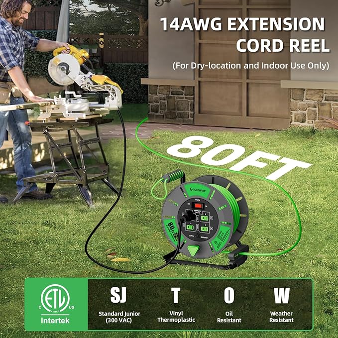 Retractable Extension Cord Reel 80 FT, 14AWG SJTOW Heavy Duty Power Cord - Image 2
