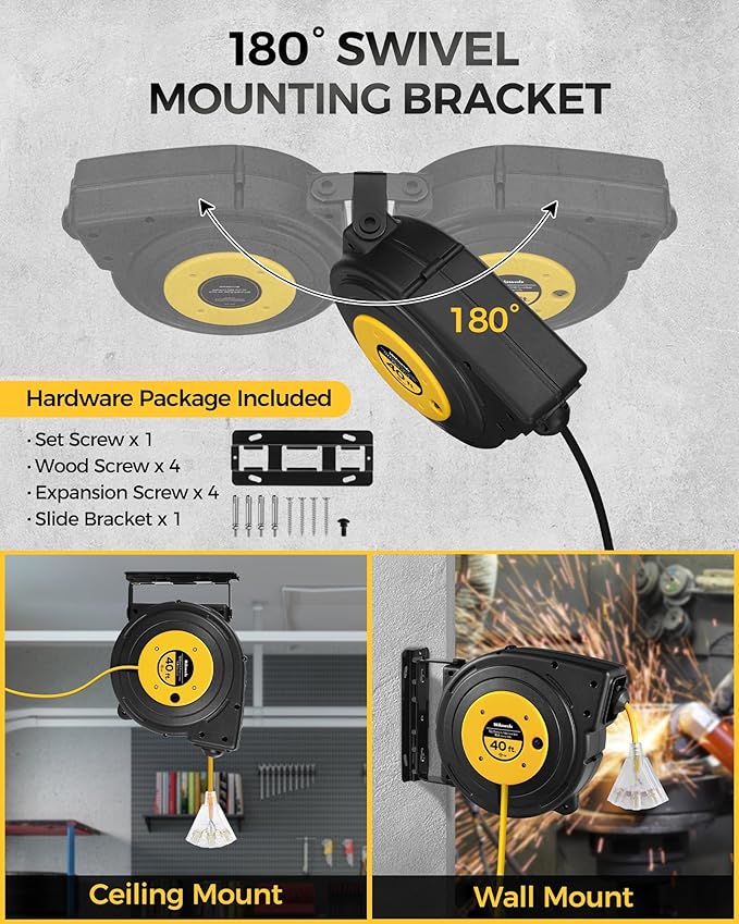 Retractable Extension Cord Reel, 40 FT Heavy Duty Power Cord, 12AWG/3C SJTOW - Image 4