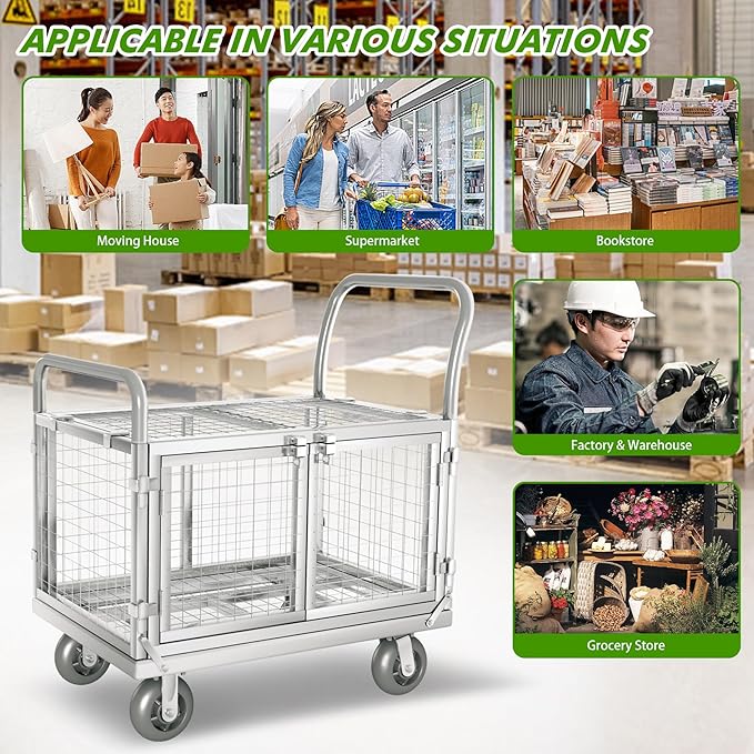 Platform Truck Cart with Cage 2-Door Design 7 in 1 Mutipurpose Handcart with 5" - Image 7