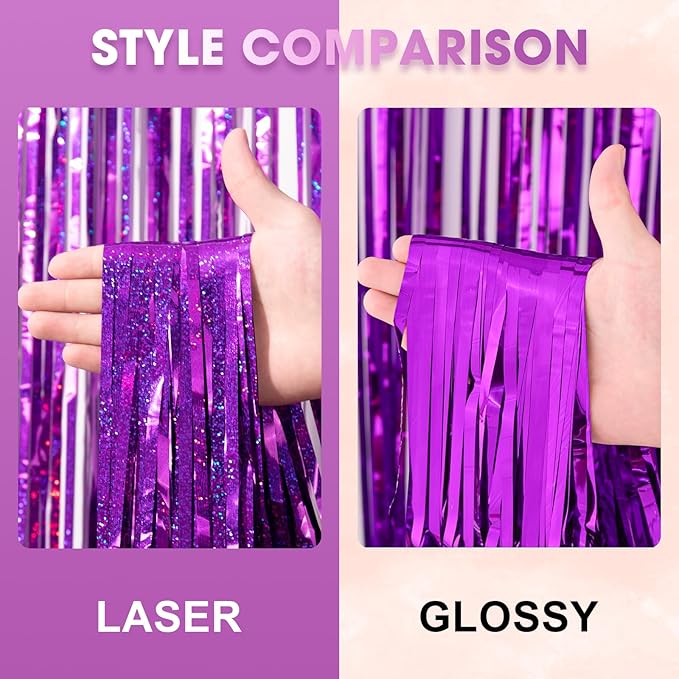 3 Pack 3.3 x 8.2 ft Laser Purple Foil Fringe Backdrop Curtains, Tinsel - Image 3