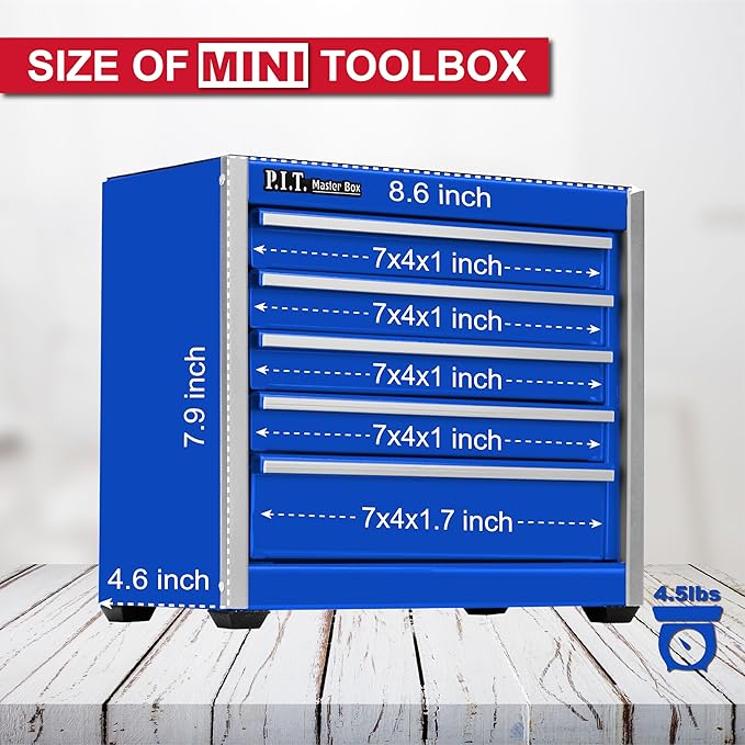 P.I.T. Mini Blue Tool Box, Portable 5-Drawer Micro Roll Cab Steel Stackable - Image 3