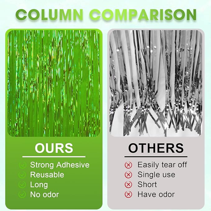 3 Pack 3.3x8.2 Feet Neon Green Foil Fringe Backdrop Curtains, Tinsel Streamers - Image 5