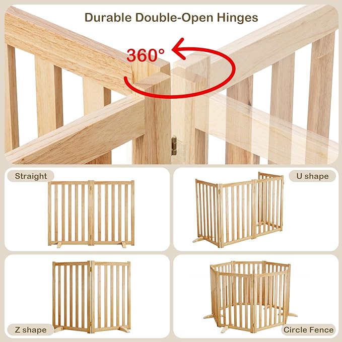 24" Height Tall Freestanding Pet Gate, Solid Wood Folding Safety Fence Wooden - Image 5
