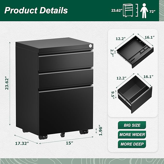 Superday File Cabinet 3 Drawer, Metal Rolling Vertical Filing Cabinet - Image 3