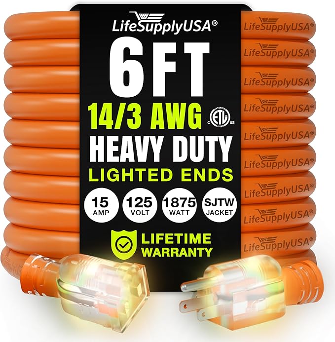 6ft Outdoor/Indoor Extension Cord 14/3 Gauge Heavy Duty 3 Prong SJTW, Waterproof by LifeSupplyUSA