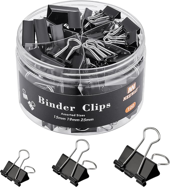 NEEWAY 100 Count Binder Clips Assorted Sizes, Paper Binder Clips, Metal Paper by NEEWAY