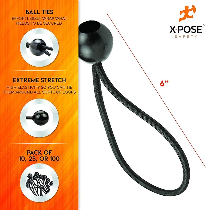 Xpose Safety Bungee Ball Cords 6" 25 Pack Heavy Duty Black Stretch Rope - Image 2