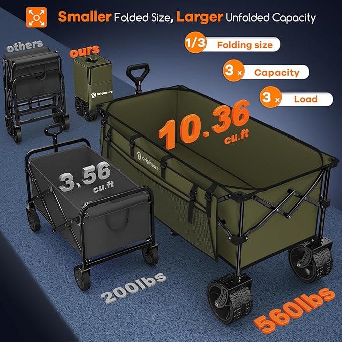 48" L Collapsible Wagon Cart Foldable, 560lbs Weight Capacity 300L Heavy Duty - Image 3