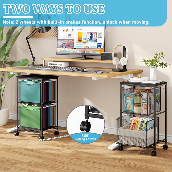 Rolling File Cart with 2 Storage Drawers, File Cabinet with Wheels, Hanging - Image 2