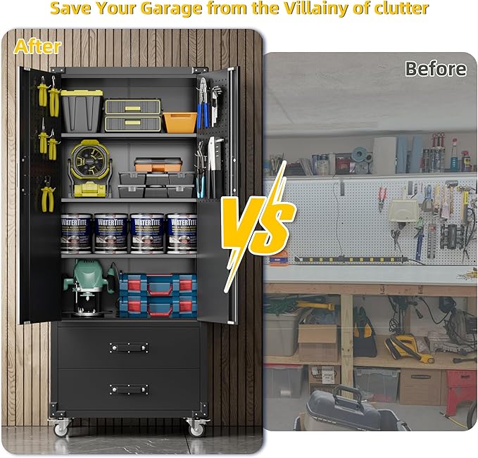 Garage Storage Cabinet with 2 Drawers and Pegboard, Metal Storage Cabinet with - Image 6
