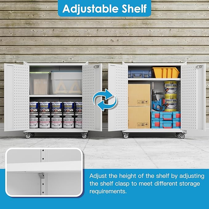 Garage Storage Cabinet with Wheels & Pegboard, 34.3" H Locking Metal Storage - Image 4