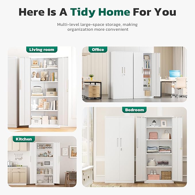 Greenvelly 63" H Metal Storage Cabinet White, Locking Metal Cabinet, Store Tools - Image 7