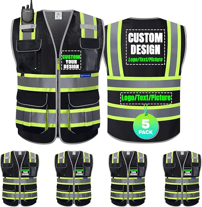 BeautyWill 5 Pack Safety Vest Class2 ANSI Certified Custom Logo High Visibility by BeautyWill